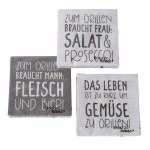 Serviette Grillon 33x33cm  20 Stück 3fach sortiert, Farben: grau, hellgrau, schwarz, weiß; Material: Papier, Boltze