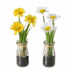 Kunst-Gänseblümchen/Glas  weiß/gelb 23cm sortiert, 2fach sortiert; Farben: schwarz, grün, transparent, weiß,, gelb; Material: Glas, Boltze
