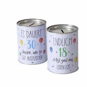 Spardose Geburtstag 18/30  weiß/bunt D10x14cm, 2fach sortiert; Farben: weiß; Material: Metall, Boltze