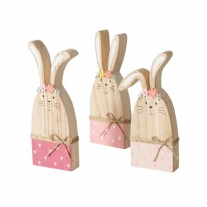 Deko Hase Fluffy natur  Holz 24cm 3fach sortiert, Farben: dunkelrosa, hellrosa, natur;, Material: Metall/Textil/Holz, Boltze