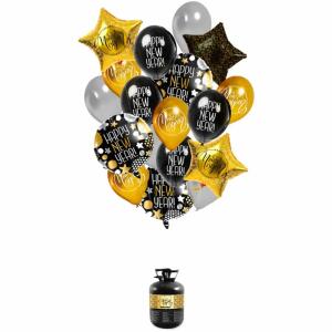 Heliumgas/Ballon-Set  Happy New Year 20teilig, Inhalt: 1 Heliumflasche (0,21 m3)für bis zu 30 Ballons mit, einem Durchmesser von 23 cm, 12 Latexballons 23 cm, 3, Folienballons Stern 45 cm, 3 Folienballons rund Happy New, Year 45 cm, 1 Bandrolle,, Folat B.
