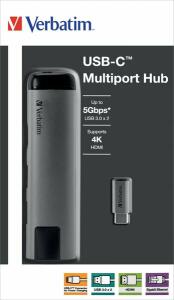 Multiport USB 3.1-C Hub, 2x USB Typ-A, USB Typ-C, HDMI, RJ45 (Gigabit), Power Charge, USB-C Kabel, 15cm, silber