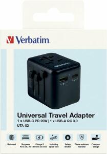 Universal Travel Adapter UTA-02, 1x USB Typ-A QC, 1x USB Typ-C PD, 100-250V, schwarz
