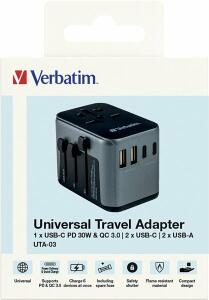 Universal Travel Adapter UTA-03, 2x USB Typ-A, 3x USB Typ-C, PD/QC, 100-250V, schwarz