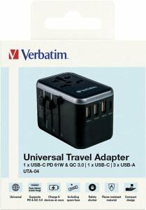 Universal Travel Adapter UTA-04, 3x USB Typ-A, 2x USB Typ-C, PD/QC, 100-250V, schwarz