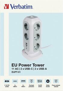 Steckdosenturm EUPT-01, 11x 230V EU, 2x USB Typ-A, 2x USB Typ-C, Kabel 2m, weiß/grau