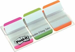 Post-it Index strong 25,4 x 38 mm, sortiert, 3 x 22 Streifen, weiße Schreibfläche, farbiger Rand in: lila, grün, orange
