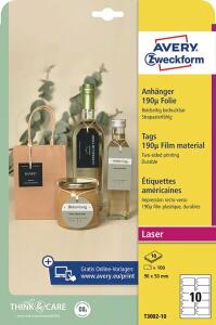 Anhänger Folie 190µ, Polyester, 90 x 50 mm, mikroperforiert, oben abgeschrägte Kanten, 1 Pack = 10 Blatt = 100 Stück, für Laser S/W+Farbe, weiß matt