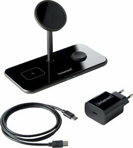 Magnetic Wireless Charger 3in1, MB13, Aluminiumgehäuse, magnetisches Induktionsladepad für Smartphone, Kopfhörer und Uhr, Oberfläche aus gehärtetem Glas, schwarz