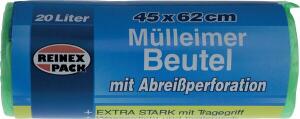 Mülleimer Beutel 20 Liter, 9 my, Beutelmaß: 165 x 625 mm, extra stark mit Tragegriff, 1 Rolle = 30 Beutel