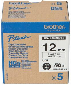 Schriftbandkassette, HGe-23, 12 mm / 8 m lang, schwarz auf weiß, laminiert, Multipack mit 5 Schriftbändern