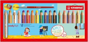 STABILO woody 3 in 1, 18er Etui mit Pinsel, Spitzer, Pastellfarben