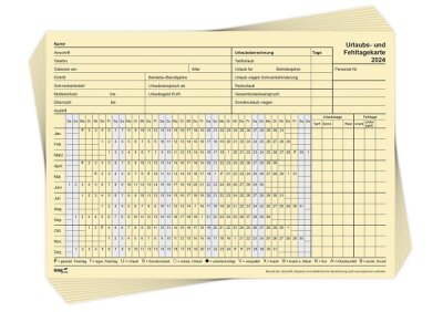 RNK Urlaubs- und Fehltagekarte 2024 tabell. A5, 1Pkg. à 10 Stk.