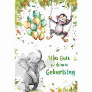 Glückwunschkarte  Geburtstag/Elefant, Affe