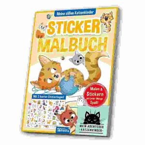 Sticker Malbuch  Katzenkinder, 64 Seiten (32 Seiten Malvorlagen, 32 Seiten Landschaften),, 2 bunte Stickerbogen (4 Seiten), A4