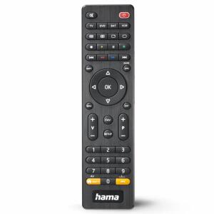 Universal-Fernbedienung  TV Infrarot für 4 Geräte, mit App-Taste, 10 Meter Reichweite,, für TV, DVD-Player, Set-Top-Boxen, Videorekorder, Receiver,, zwei Geräte gleichzeitig an- oder ausschalten,, Codeliste im Lieferumfang oder online auf der Hama-Website