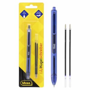 Idena Kugelschreiber blau  mit 2 Ersatzminen, Schreibfarbe blau, schnelltrocknend,, weiches Schreibgefühl, kein Verschmieren IDENA