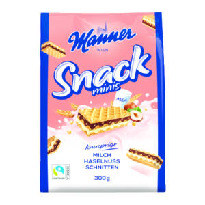 Manner Snack Minis Milch  Haselnuss 300g, Kakaowaffeln gefüllt mit Milchreme und Haselnusscreme, mit Gebäckstückchen Iden-Berlin