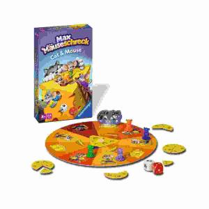 Brettspiel Max  Mäuseschreck, 1x Spielplan, 4x Mäuse, 1x Kater, 2x Würfel, 17x Käsestücke,, 1x Anleitung, ab 4 Jahren,, Ravensburger RAVENSBURGER