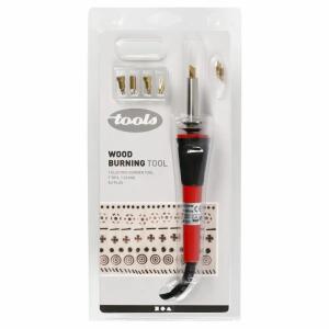 Brennmalstift 19x3cm rot  schwarz, EU-Stecker, 30 Watt, max. 500°C, hitzeisolierter Griff,, Ständer zum Auflegen des Brennstifts,, mit 7 auswechselbaren Metallnadeln für Schrift und Motiven,, zum Einbrennen in Kork, Leder und Holz,, Creativ Company CREATI