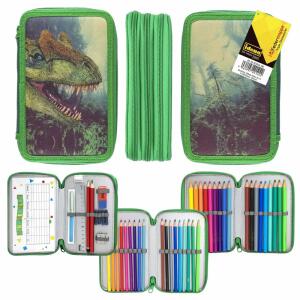 Idena Federmappe Triple  Dinosaurier 47teilig, Inhalt: 1 Bleistift HB, 1 Schreiblernbleistift HB,, 1 Radierer, 1 Doppelanspitzer Metall, 1 Lineal 16 cm,, 4 Tintenpatronen königsblau, 1 Stundenplan,, 18 Buntstifte dreikant, holzfrei, 18 Buntstifte Jumbo dr