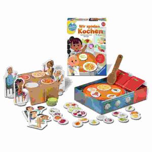 Lernspiel Wir spielen  Kochen, 1x Küche mit Herd und Kühlschrank, 1x Drehscheibe, 1x Tisch,, 8x Figuren, 4x Aufstellfüße, 7x Gerichte, 28x Zutaten,, 1x Kochlöffel, 1x Spielanleitung, ab 2 1/2 Jahren,, Ravensburger RAVENSBURGER