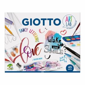 Lettering Set GIOTTO  Art Lab, Kreativ-Set mit 10x GIOTTO Turbo Soft Brush Stiften,, 1x GIOTTO Turbo Maxi Stift, 1x Bleistift HB mit Radierer,, 12x GIOTTO Aquarellfarben mit Rundpinsel,, 1x Canson A4 Block 200g 20 Blatt,, 1x Buchstabenschablone, 1x Kreati