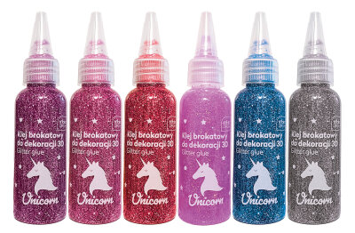 6x Interdruk Glitzerkleber 3D Einhorn in 6 Glitterfarben a 50ml