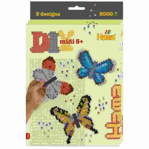 Bügelperlen Starter-Set  midi Schmetterlinge, 2.000 Bügelperlen, Stiftplatte quadratischen, Motivvorlage,, Anleitung und Bügelpapier,, Hama