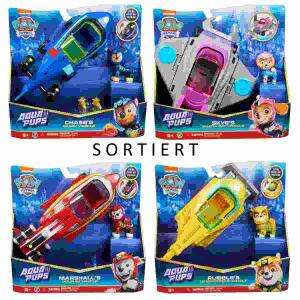 PAW Patrol Aqua Pups  Basic Vehicles sortiert, 4fach sortiert, Inhalt: 1xRettungsfahrzeug, 1xWelpenfigur,, 24,6x24,6x0,8cm, ab 3 Jahren