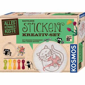 KOSMOS AllesKönnerKiste  Sticken Kreativ-Set, Inhalt: Stickrahmen, Nadel, Einfädelhilfe, 3 Stoffe, 8, bunte Stickgarne, schillernde Pailletten mit Blütenform,, Vorlage mit Blumenwiese und Katze, farbig illustrierte, Anleitung, ab 8 Jahren,, KOSMOS