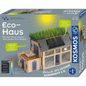 KOSMOS Eco Haus  Experimentierkasten, Modellhaus aus Vollpappe, transparente Folien,, Saatguttütchen Weidelgras, Watte-Matte, Kunststoffbecken,, Messbecher, Thermostreifen, Solarpanel, LED-Set mit, Fototransistor, Miniatur-Rasenmähroboter, Wasserpumpe,, t