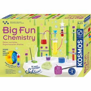 KOSMOS Big Fun Chemistry  Schleim Laborstation, 17-teilige Chemie-Station, Erlenmeyer-Kolben, große, Reagenzgläser, kleine Reagenzgläser, Spritze, Messbecher in, verschiedenen Größen, Pipetten, Spatel, Messlöffel,, Schlauch, Petrischale, Filterpapier, Tri