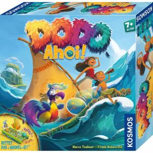 Kinderspiel Dodo Ahoi!  Inhalt: 1 Ozean (Spielplan), 1 Boot-Wippe, 1 Wackel-Ei, 1, Dodo (Figur), 1 kleines Boot mit Standfuß, 16, Wellenplättchen, 10 Inselkärtchen, 72 Spielkarten, 1, Spielanleitung, ab 7 Jahren,, KOSMOS