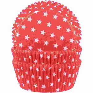 Backförmchen 50x25mm 60er  Kleine Sternchen weiß/rot, ideal für Kindergeburtstage und Partys,, geeignet zum Backen von Muffins im Backofen,, backfest bis 220°C, fettdicht, lebensmittelecht,, dekorativ Demmler
