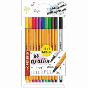 Fineliner point 88 10+1  Promo, im Kartonetui, 10x point 88,, 1x Pen 68 brush schwarz,, STABILO