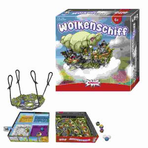 Wolkenschiff  Kooperatives Spiel, Inhalt: 1xWolkenschiff, 21xPlättchen, 6xKugeln,, 3xWürfel, 2xBeet-Begrenzungen, 1xSturm-Marker,, 1xSpielanleitung, 20,3x20,3x5cm