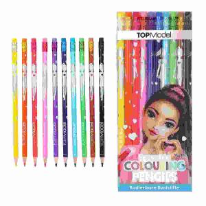 TOPModel Radierbare  Buntstifte, 10 Stück, mit Radiertopper,, Farben: Gelb, Orange, Rot, Pink, Lila, Dunkelblau,, Hellblau, Grün, Braun, Schwarz