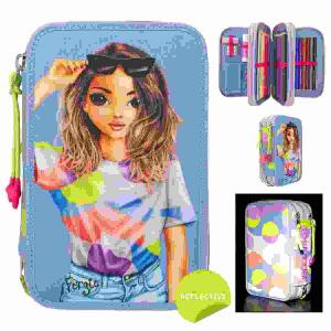 Federtasche TOPModel  FLASH 3-Fach, gefüllt mit 18 Bunt- und Filzstiften, 2 Bleistiften,, Anspitzer, Radierer, Lineal, Schere, Klebestift,, Material: 100% PES