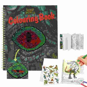 Malbuch mit Pailletten  Dino World, mit 20 Ausmal-Motive, 1 Bogen mit bunten Stickern