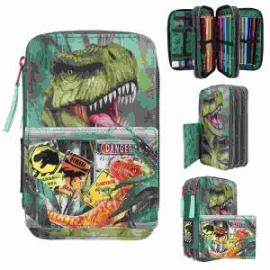 Federtasche Dino World  DANGER 3-Fach, gefüllt mit 18 Bunt- und Filzstiften, 2 Bleistiften, Lineal,, Radierer, Anspitzer, Schere, Klebestift, Klett-Tasche,, Material: 100% Polyester