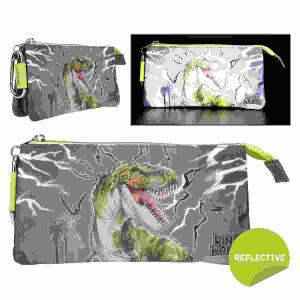 Fächerschlamper Dino  World REFLECTOR 3x22x11cm, mit 3 Fächern, 2 Reißverschlüssen