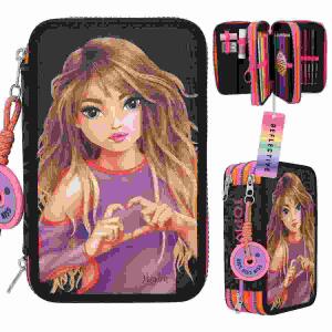 Federtasche TOPModel  NIGHT LIGHT, 3 Fächer, gefüllt mit je 18 Bunt- und Filzstiften,, 2 Bleistiften, Lineal, Radierer, Anspitzer, Schere,, Klebestift, HAPPY-Anhänger am Reißverschluss,, Material: 100% Polyester,, Depesche