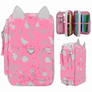 Federtasche TOPModel  WILD Leo 3-Fach, gefüllt mit 18 Bunt- und Filzstiften, 2 Bleistiften,, Anspitzer, Radierer, Lineal, Schere, Klebestift,, Klett-Tasche, Material: 100% Polyester