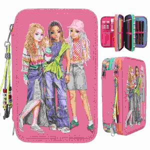 Federtasche TOPModel JOY  3-Fach, gefüllt: 18 Bunt- und Filzstiften,, 2 Bleistiften, Anspitzer, Radierer,, Lineal, Schere, Klebestift, Material: 100% PES
