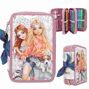 Federtasche TOPModel  VELO FLEUR 3-Fach, gefüllt mit 18 Bunt- und Filzstiften, 2 Bleistiften,, Anspitzer, Radierer, Lineal, Schere, Klebestift,, Klett-Täschchen, Material: 100% recyceltes Polyester