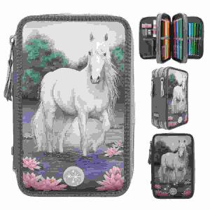 Federtasche Miss Melody  LED Seerosen 3-Fach, gefüllt mit 18 Bunt- und Filzstiften, 2 Bleistiften,, Radierer,Anspitzer, Lineal, Schere, Klebestift,, Klett-Täschchen, Batterie enthalten, austauschbar,, Material: 100% PES
