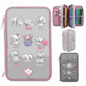 Federtasche TOPModel  Hunde mit LED Hunde, mit Stimmungsbarometer,, gefüllt mit je 18 Bunt- und Filzstiften,, 2 Bleistiften, Anspitzer, Radierer, Lineal, Schere,, Klebestift, Klett-Tasche, Material: 100% Polyester