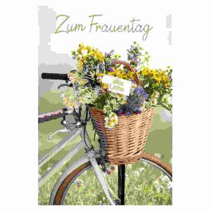 Glückwunschkarte zum  Frauentag Blumenkorb, Druckkarte, weißer Karton, Frauentag, Fahrrad, Korb, Blumen,, Kurt Eulzer