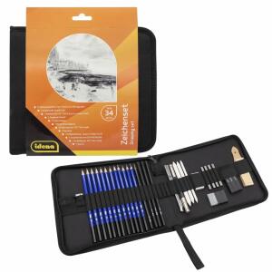 Idena Zeichenset 34 Teile  Set besteht aus:, 12 Skizzerbleistifte FSC 100% 12 Härtegrade,, 1 Graphitstift holzfrei 6B,, 3 Kohlestifte (weich /mittel / hart),, 2 Anspitzer Metall, 1 Cuttermesser,, 1 Bleistiftverlängerer, 3 Papierwischer,, 2 Radierer, 3 Koh